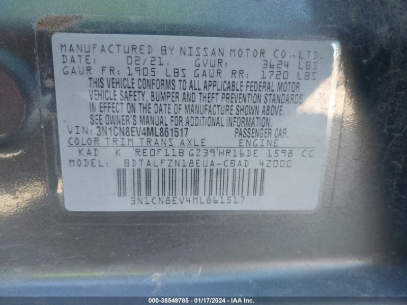 Thumbnail of 2021 Nissan Versa Sv Xtronic Cvt with VIN 3N1CN8EV4ML861517